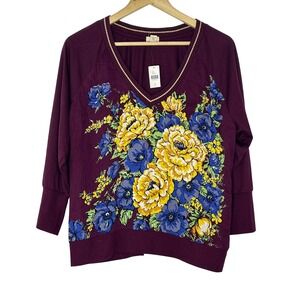TINY Anthropologie Floral V-Neck Top Women L Wine Red NEW 71936T Raglan Sleeve